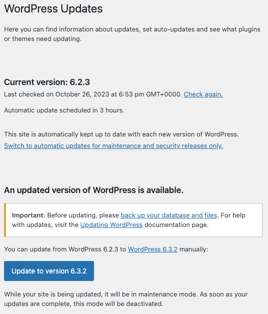 The WordPress update page shows there is a newer version of WordPress available.